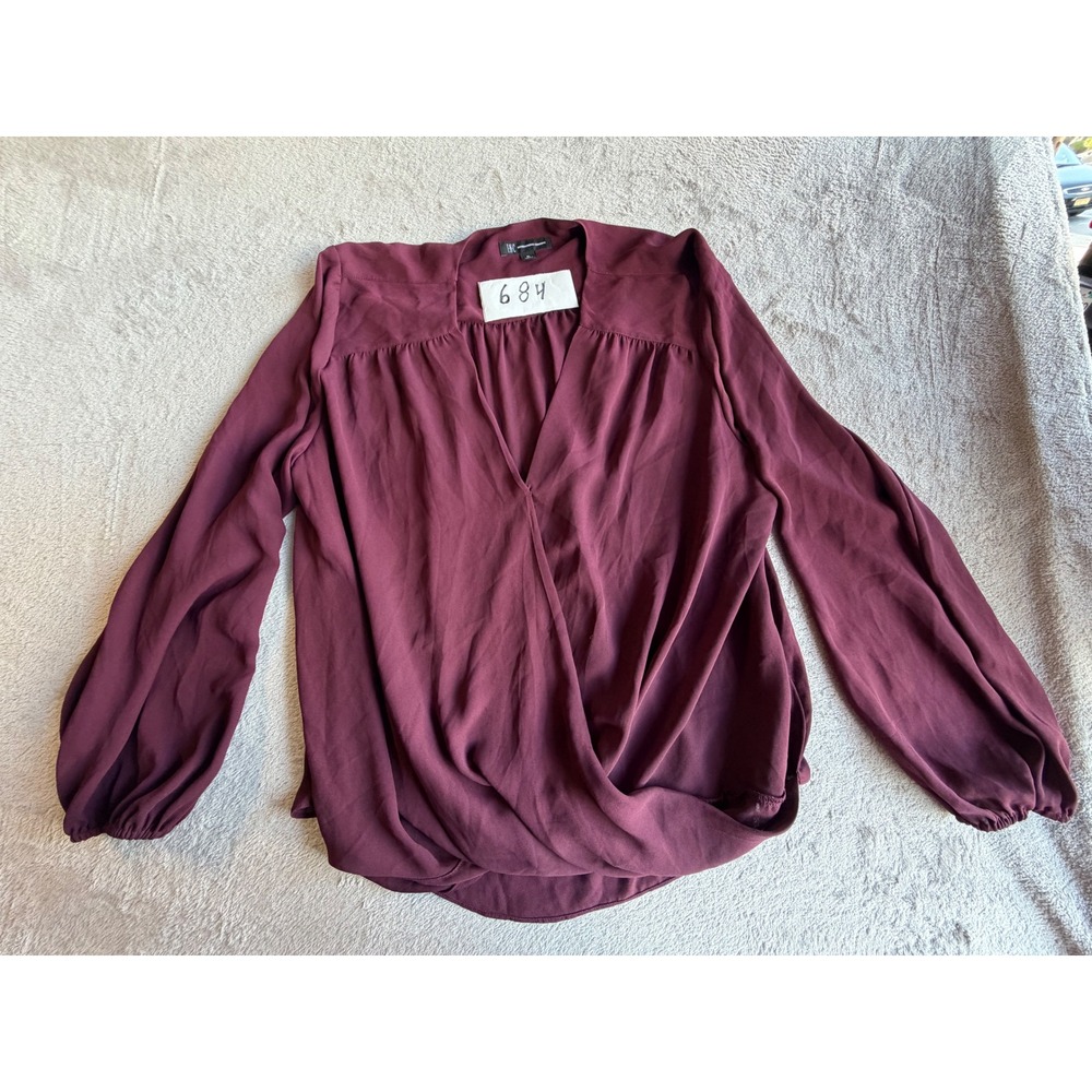 INC Blouse Womens XL Burgundy Surplice Wrap V-Neck Bishop Sleeve